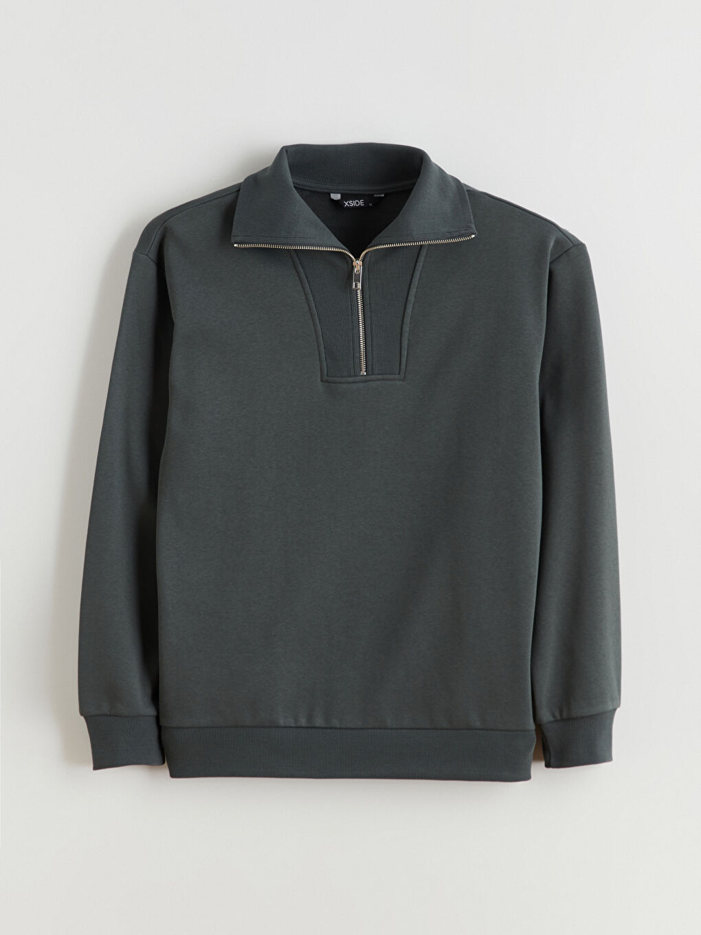 Haki Fermuarlı Dik Yaka Erkek Kalın Sweatshirt-4