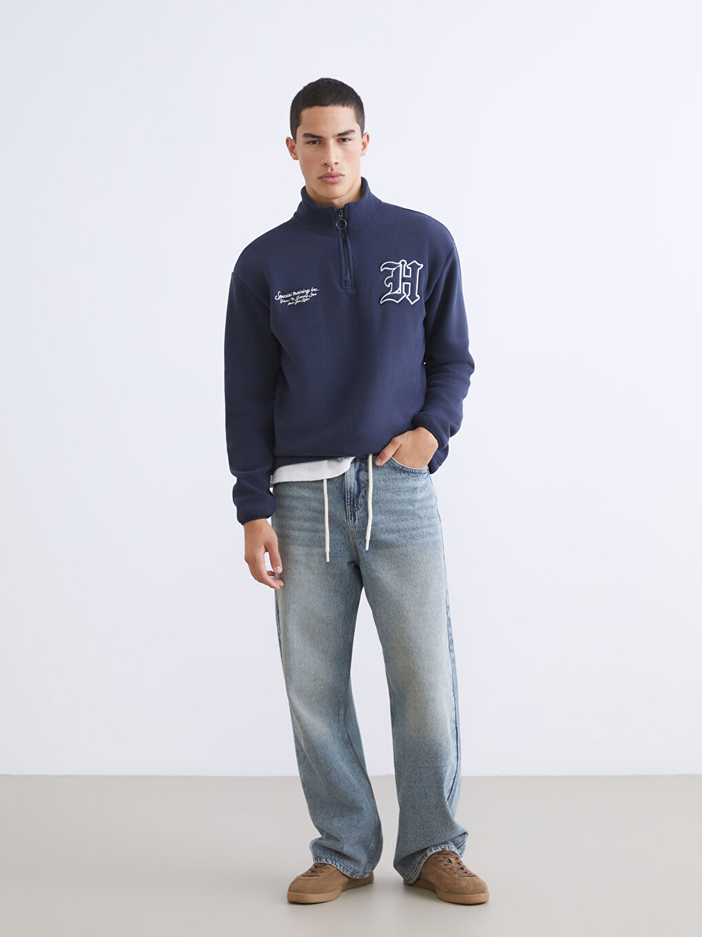 Lacivert Dik Yaka Baskılı Erkek Kalın Sweatshirt-1