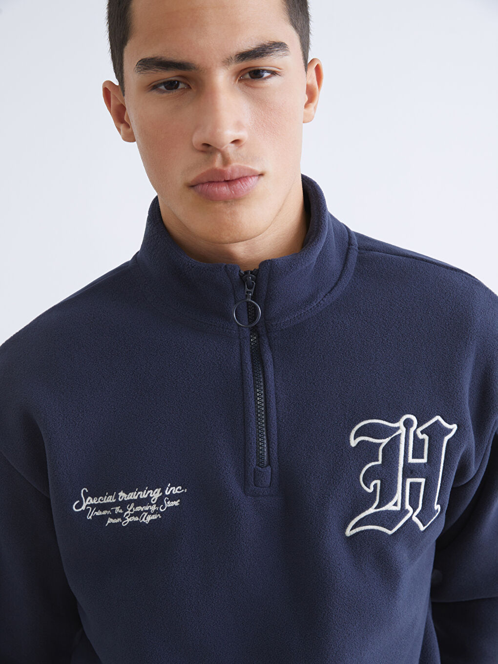 Lacivert Dik Yaka Baskılı Erkek Kalın Sweatshirt-2