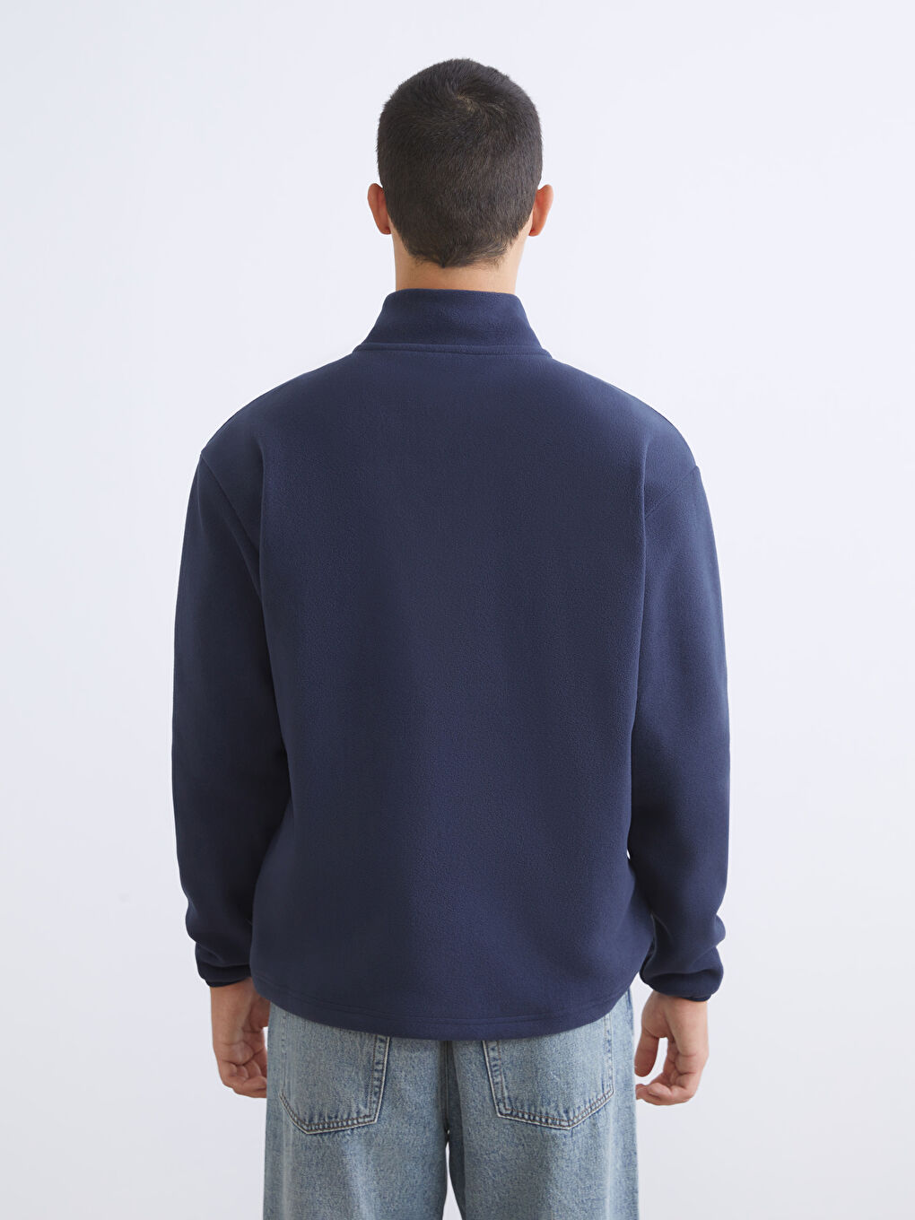 Lacivert Dik Yaka Baskılı Erkek Kalın Sweatshirt-3