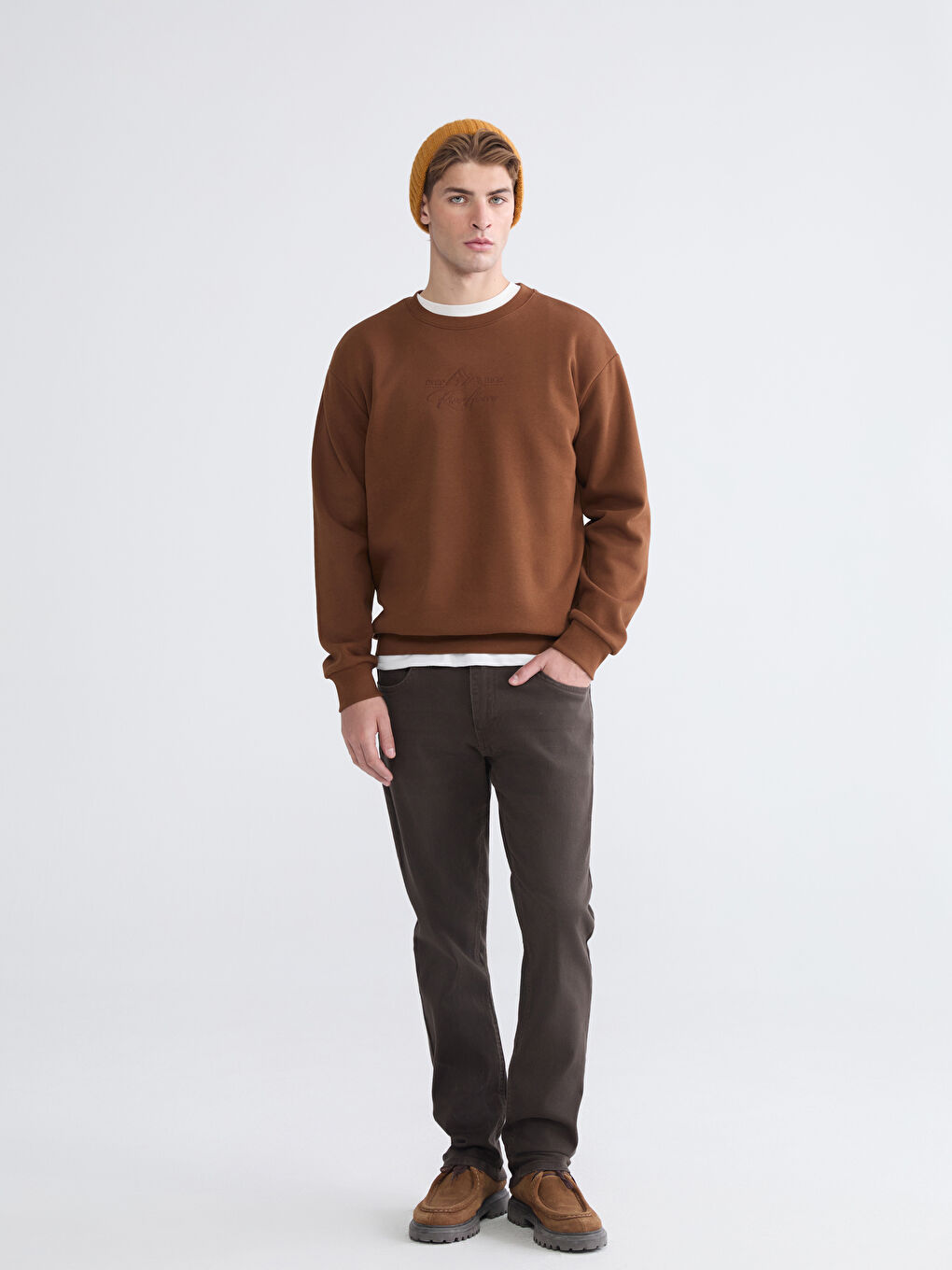 Kahverengi Bisiklet Yaka Baskılı Erkek Kalın Sweatshirt-1