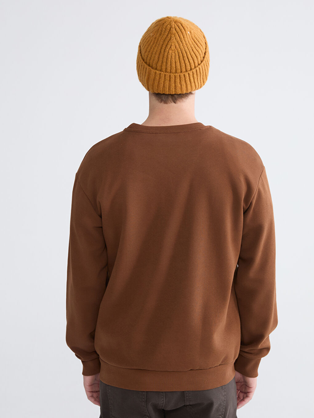 Kahverengi Bisiklet Yaka Baskılı Erkek Kalın Sweatshirt-3