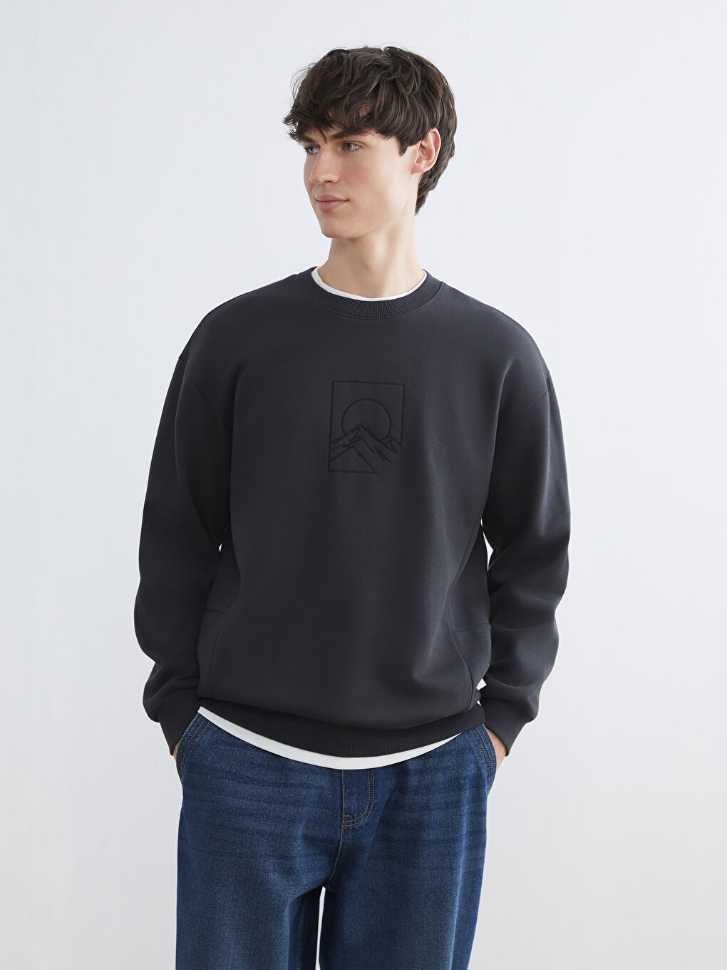 Antrasit Bisiklet Yaka Baskılı Erkek Kalın Sweatshirt