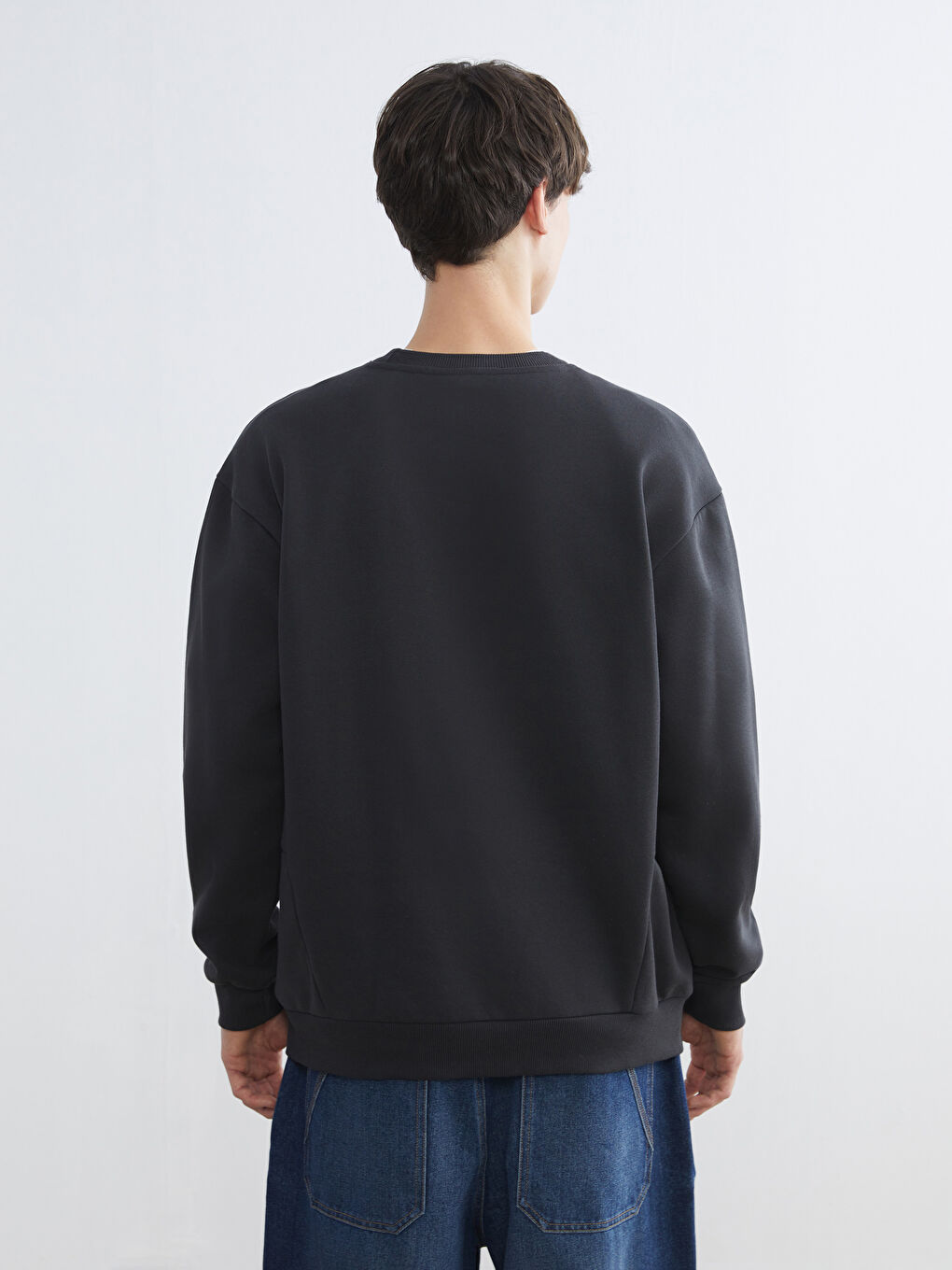 Antrasit Bisiklet Yaka Baskılı Erkek Kalın Sweatshirt-3