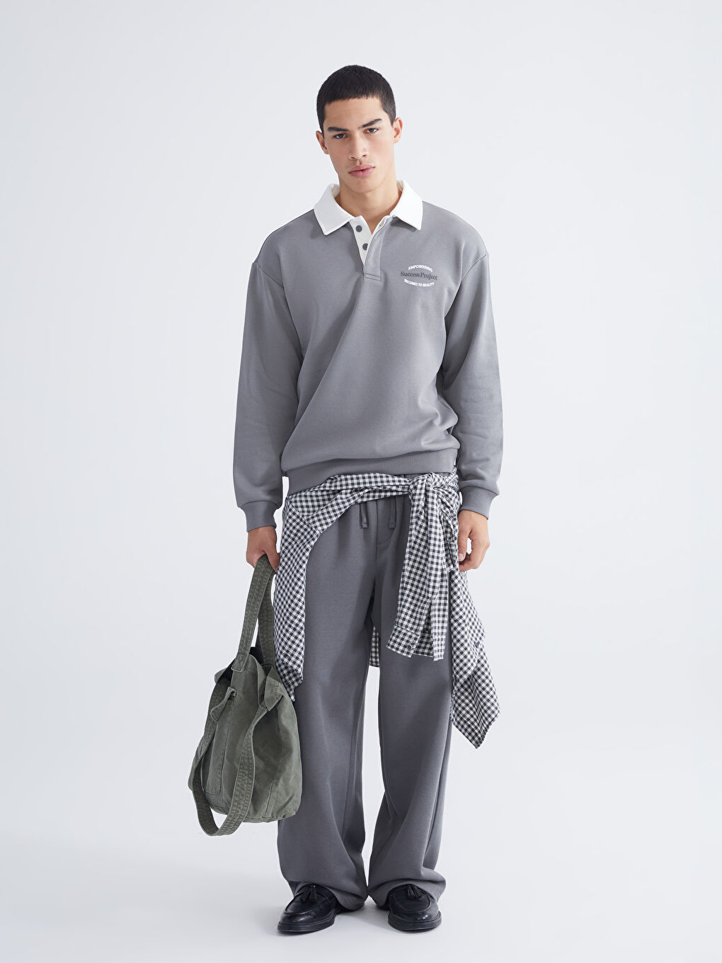 Gri Polo Yaka Baskılı Erkek Sweatshirt-1