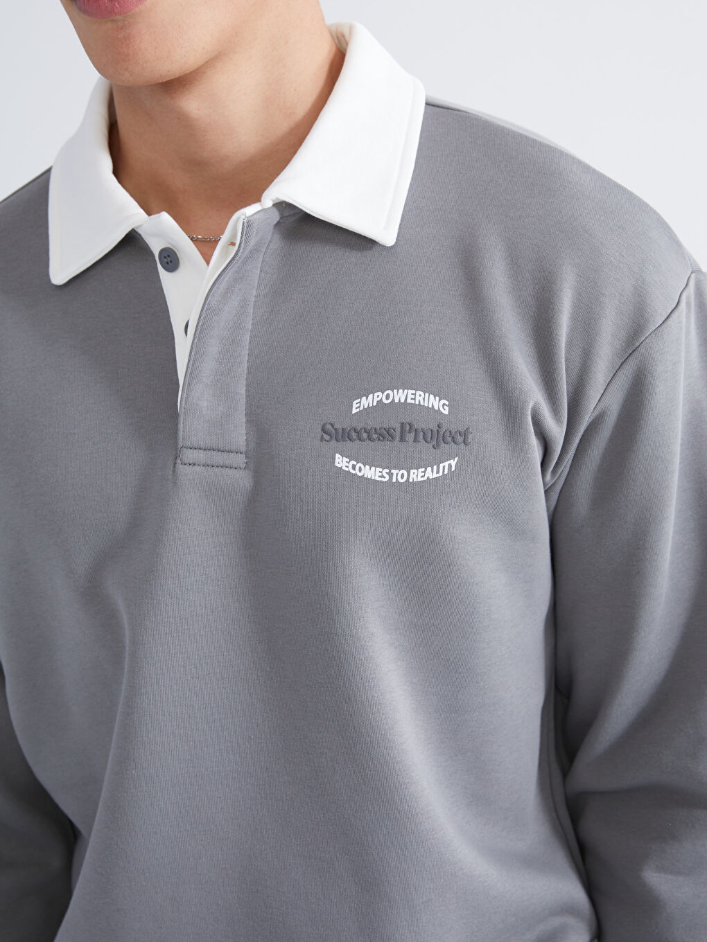 Gri Polo Yaka Baskılı Erkek Sweatshirt-2