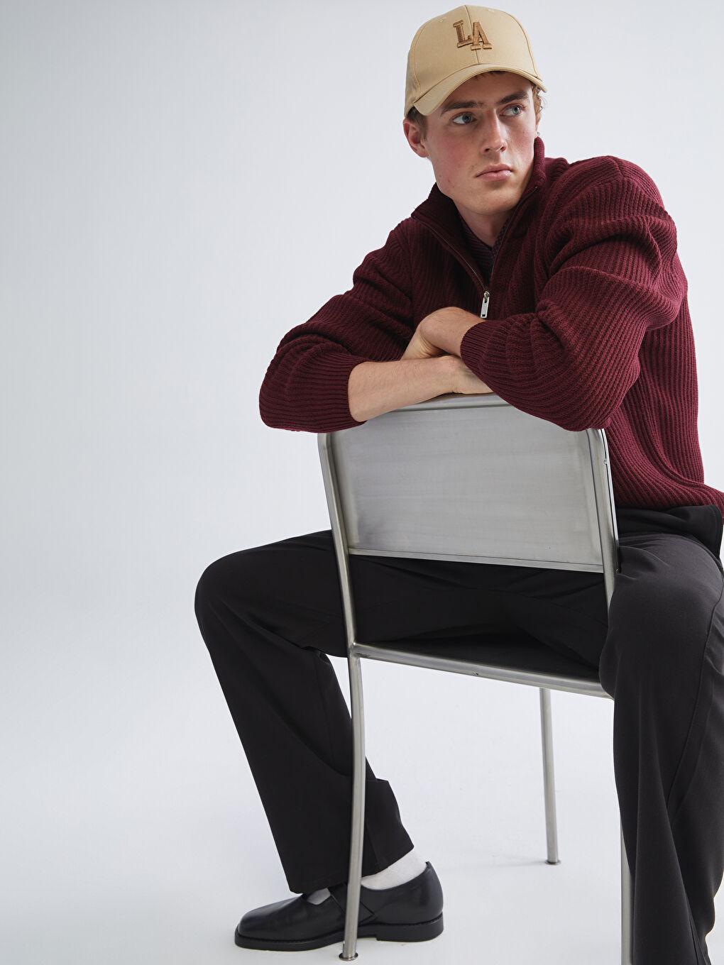 Bordo Fermuarlı Dik Yaka Erkek Triko Kazak