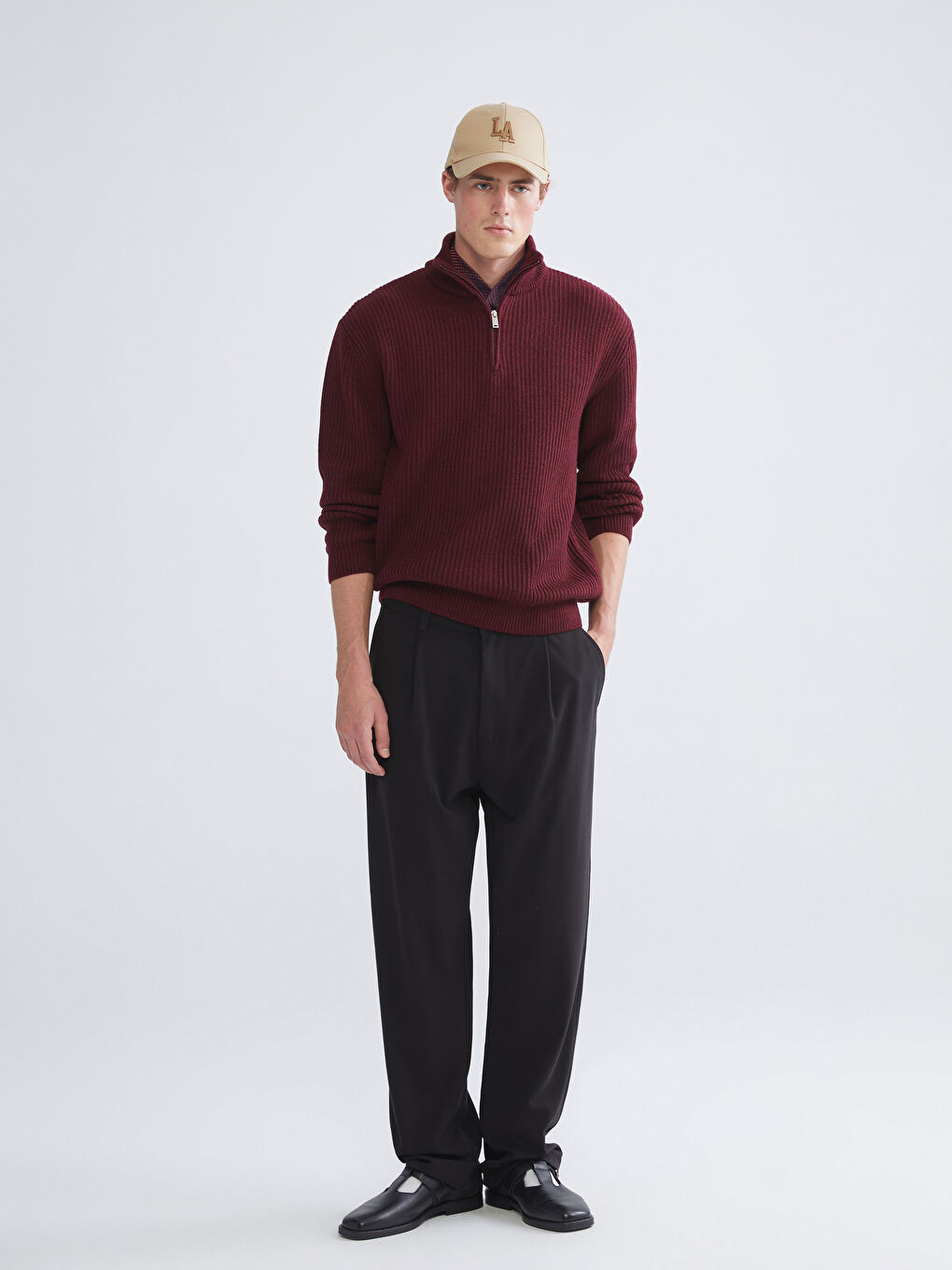 Bordo Fermuarlı Dik Yaka Erkek Triko Kazak-1