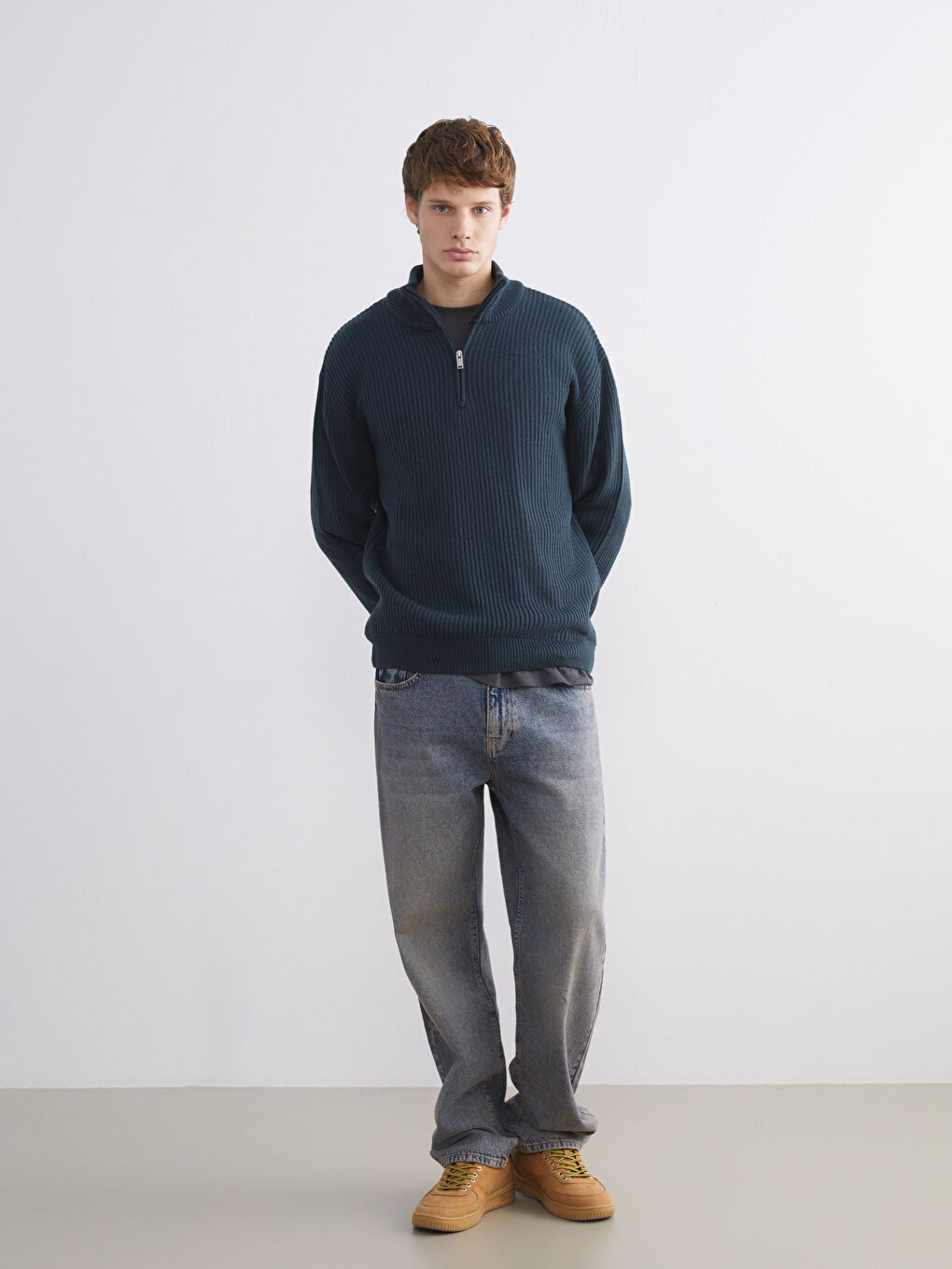 Petrol Fermuarlı Dik Yaka Erkek Triko Kazak-1
