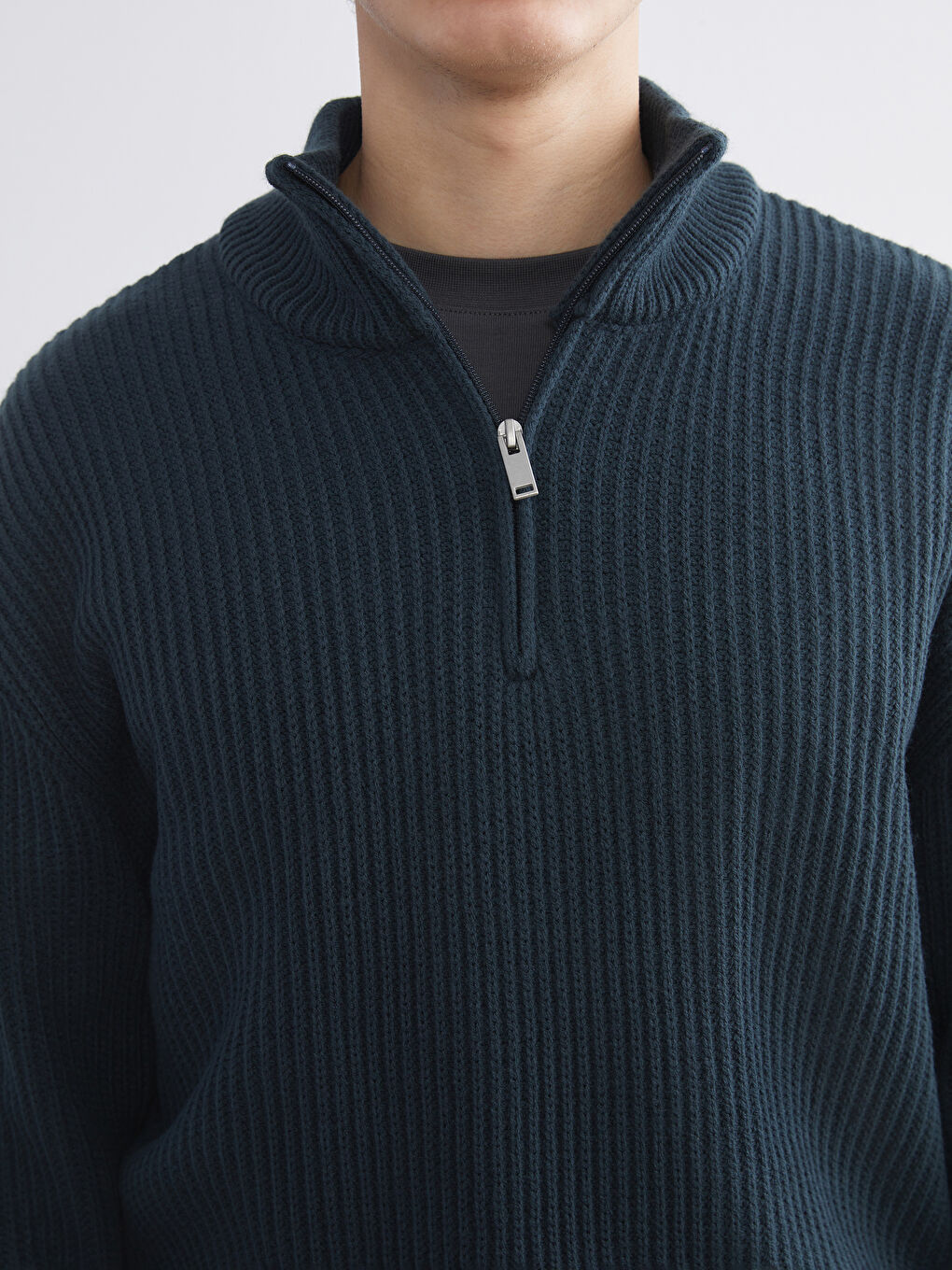 Petrol Fermuarlı Dik Yaka Erkek Triko Kazak-2