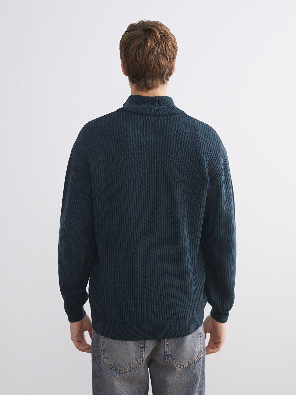 Petrol Fermuarlı Dik Yaka Erkek Triko Kazak-3