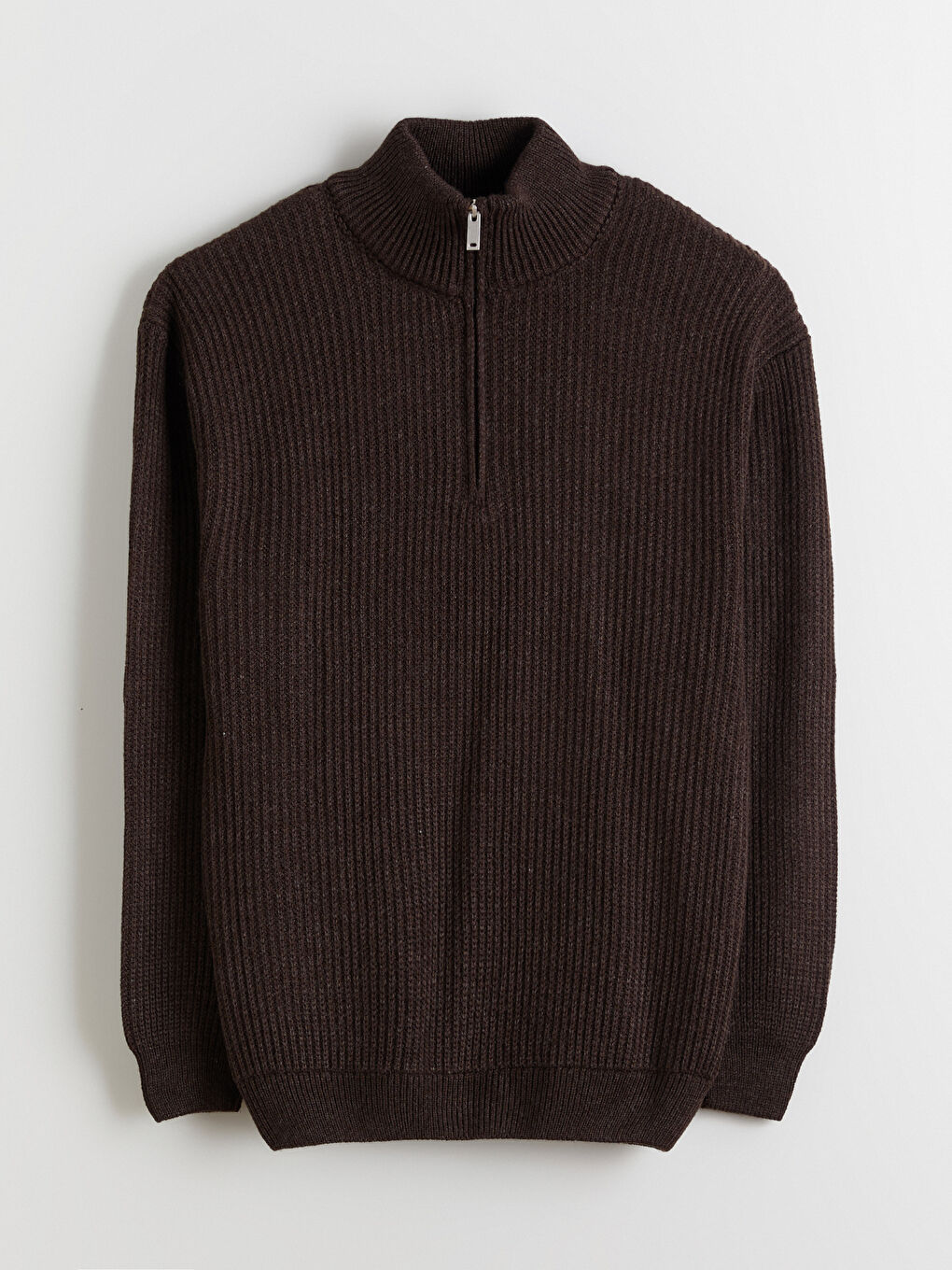 Kahverengi Fermuarlı Dik Yaka Erkek Triko Kazak-4