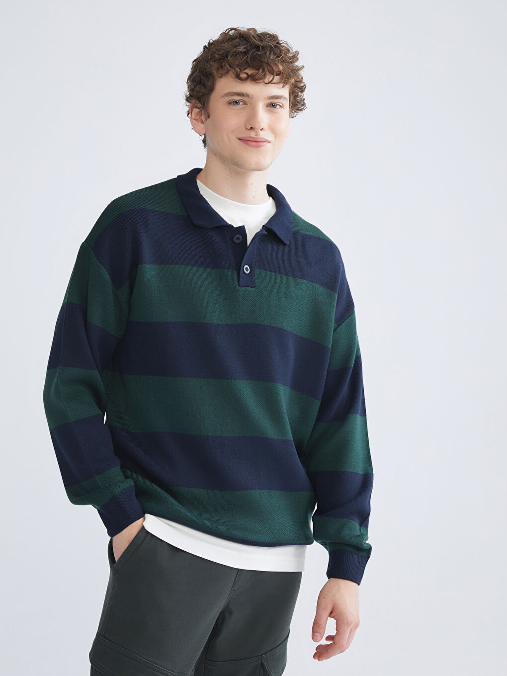Yeşil Polo Yaka Uzun Kollu Çizgili Erkek Triko Kazak
