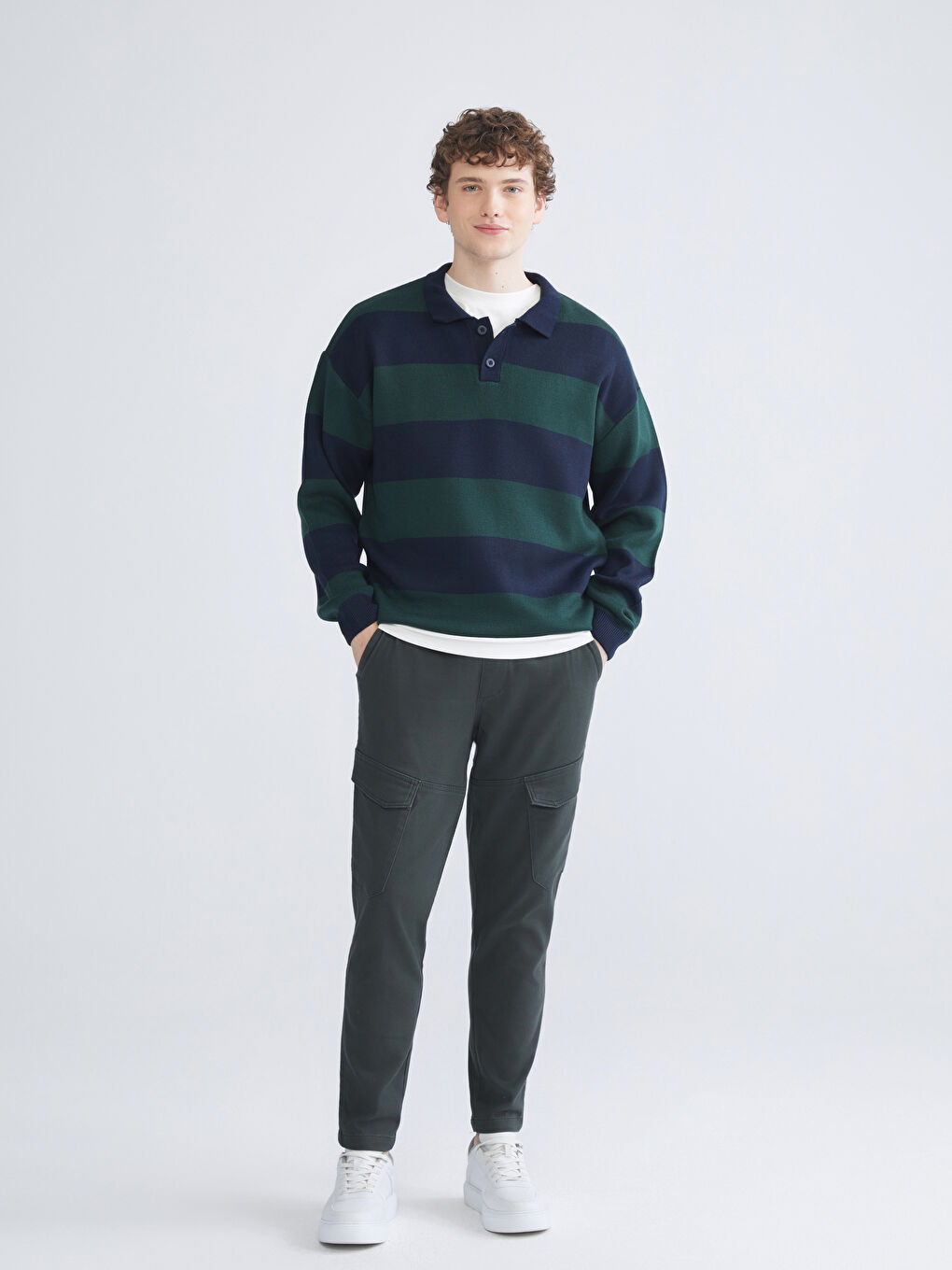 Yeşil Polo Yaka Uzun Kollu Çizgili Erkek Triko Kazak-1