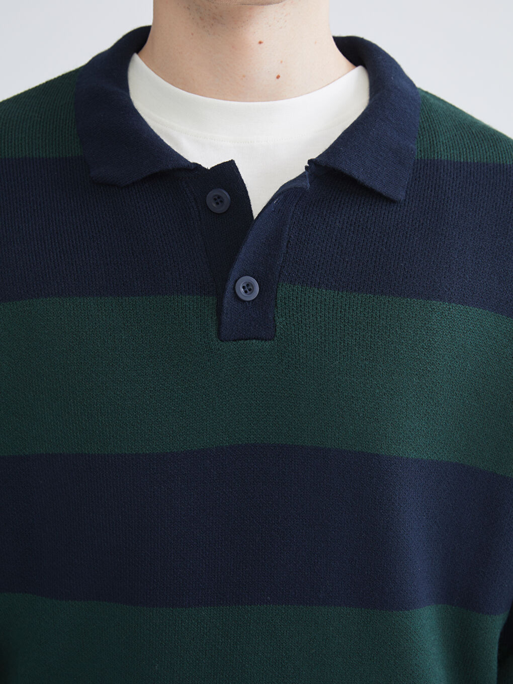 Yeşil Polo Yaka Uzun Kollu Çizgili Erkek Triko Kazak-2