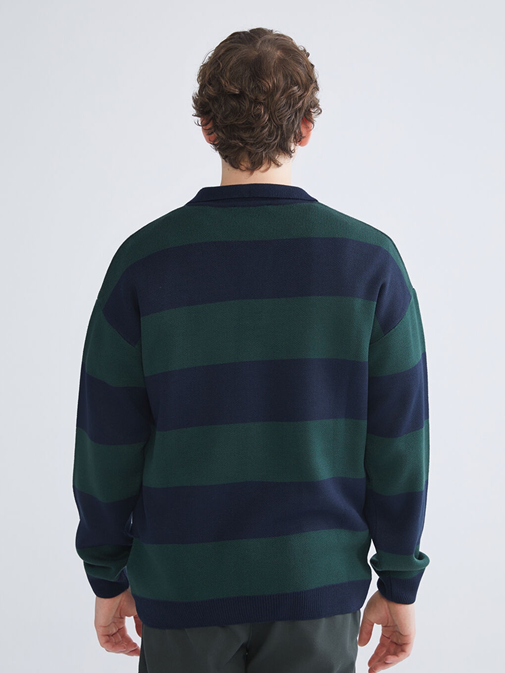 Yeşil Polo Yaka Uzun Kollu Çizgili Erkek Triko Kazak-3