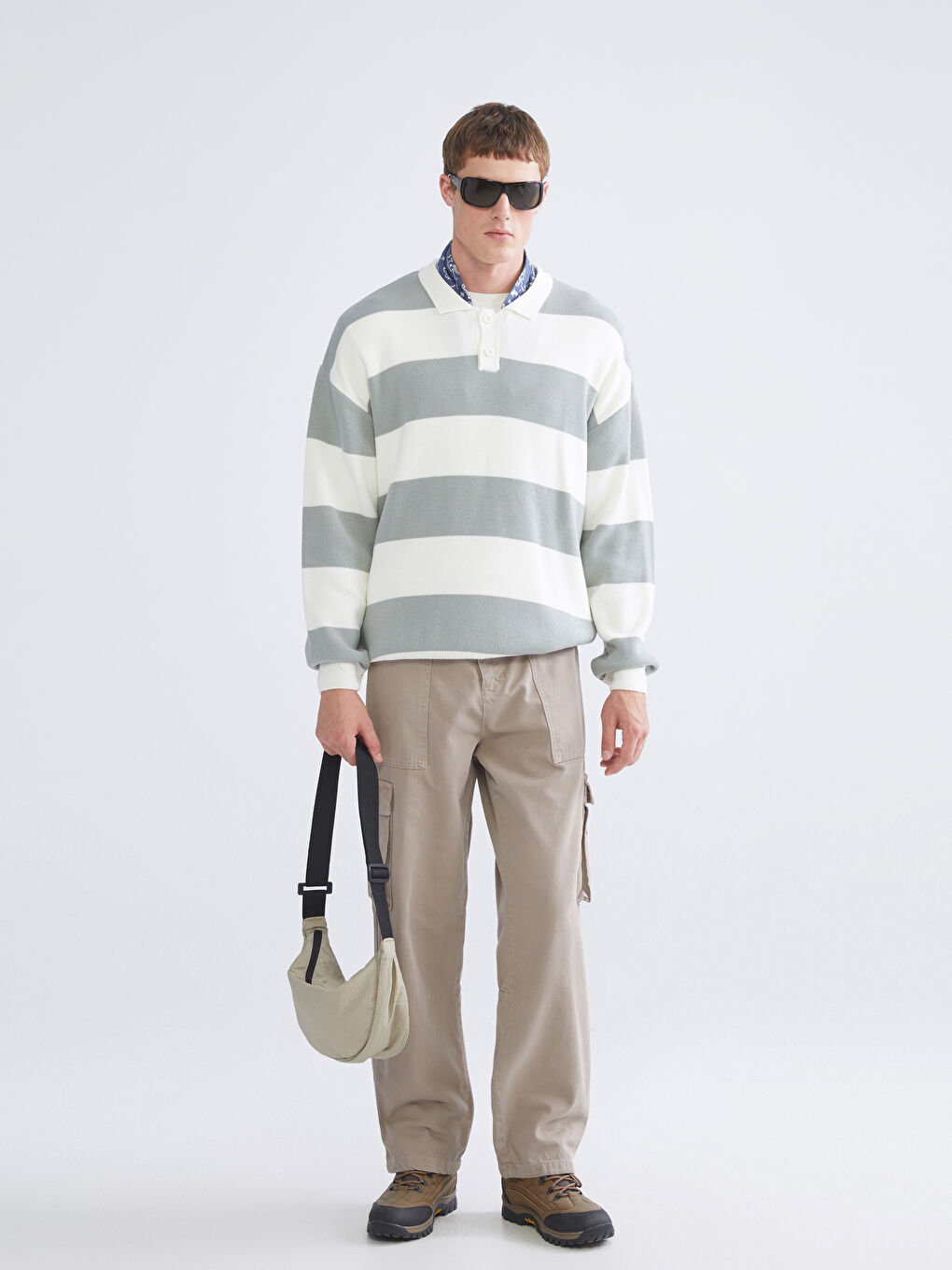 Yeşil Polo Yaka Uzun Kollu Çizgili Erkek Triko Kazak-1