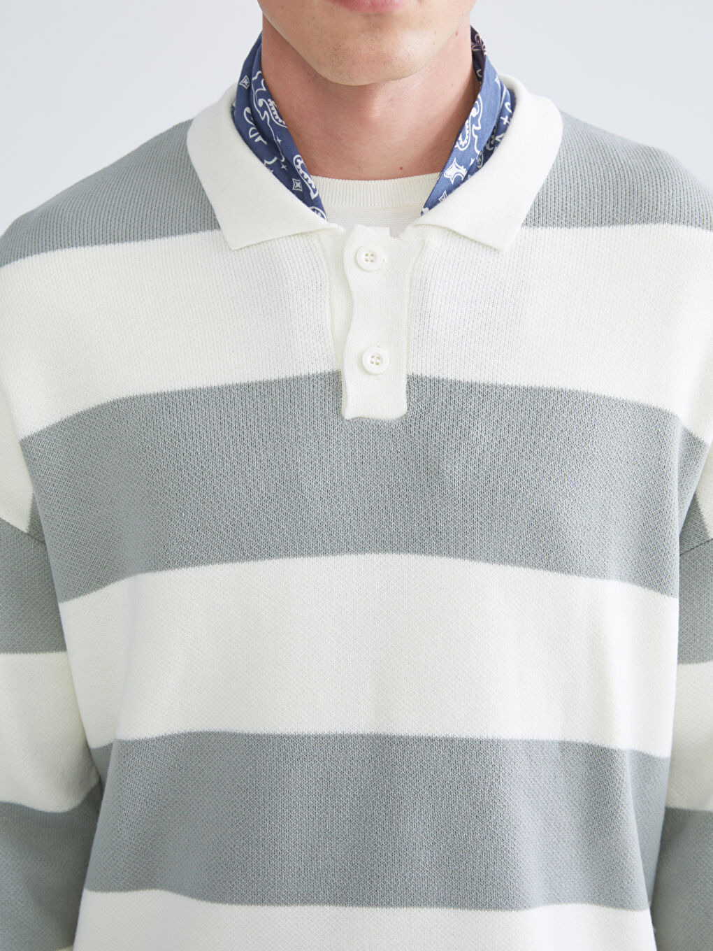 Yeşil Polo Yaka Uzun Kollu Çizgili Erkek Triko Kazak-2