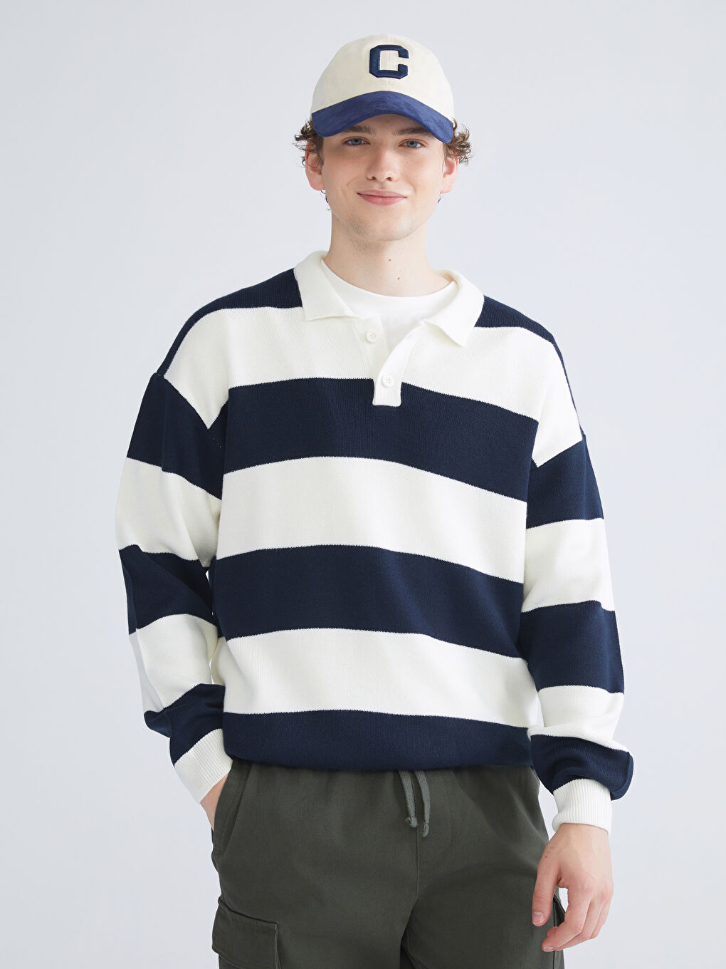 Lacivert Polo Yaka Uzun Kollu Çizgili Erkek Triko Kazak-1