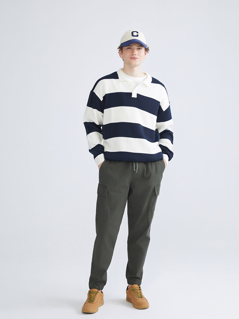 Lacivert Polo Yaka Uzun Kollu Çizgili Erkek Triko Kazak-2