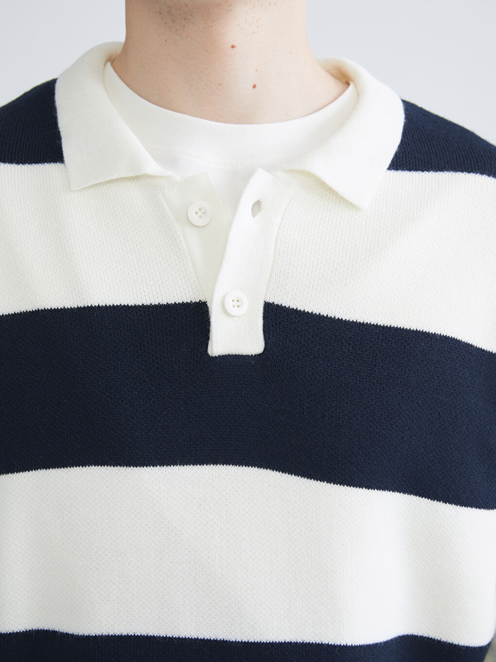 Lacivert Polo Yaka Uzun Kollu Çizgili Erkek Triko Kazak-4