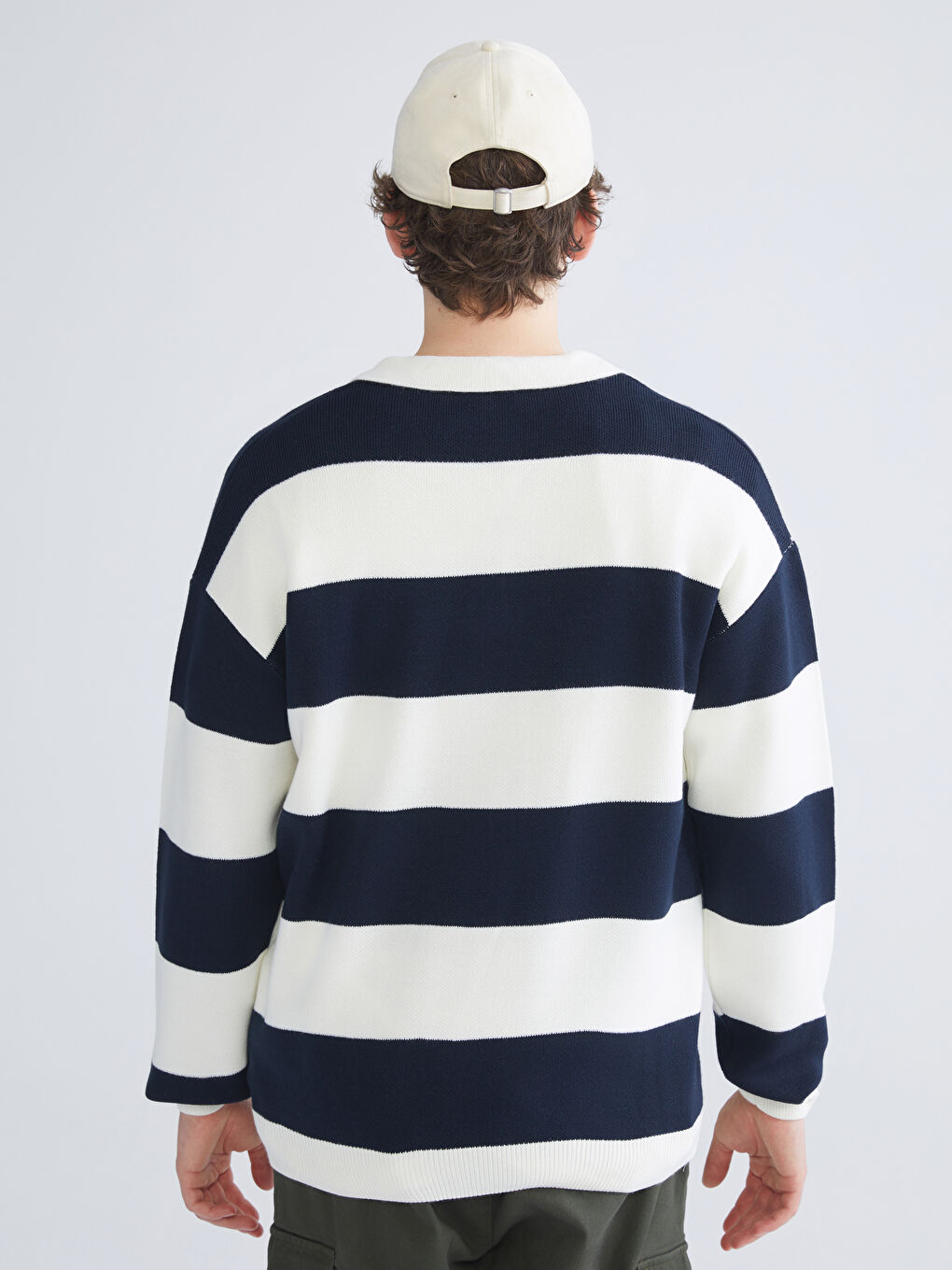 Lacivert Polo Yaka Uzun Kollu Çizgili Erkek Triko Kazak-6