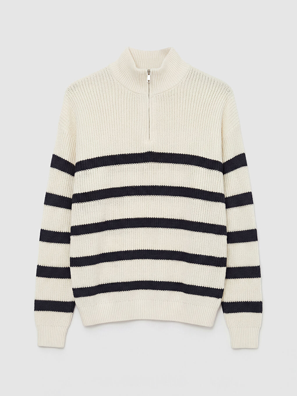 Ekru Fermuarlı Dik Yaka Çizgili Erkek Triko Kazak-4