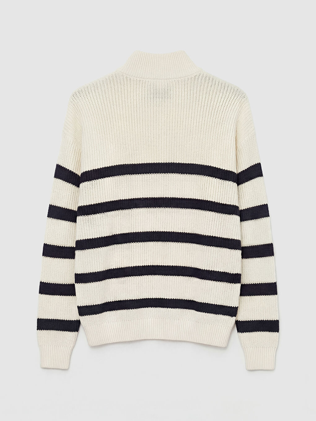 Ekru Fermuarlı Dik Yaka Çizgili Erkek Triko Kazak-5