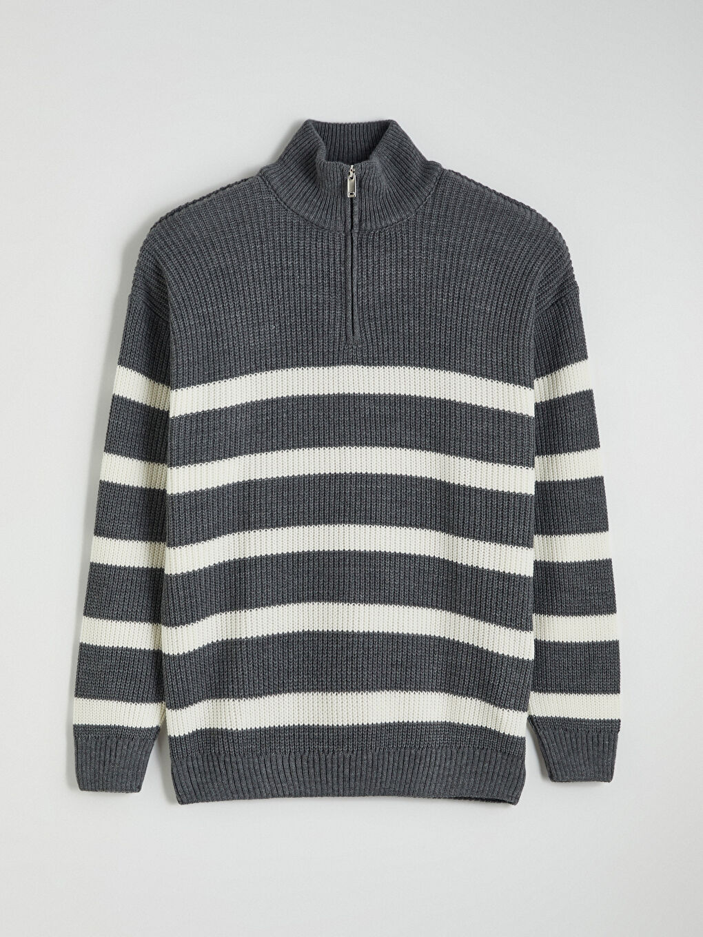 Antrasit Fermuarlı Dik Yaka Çizgili Erkek Triko Kazak-4