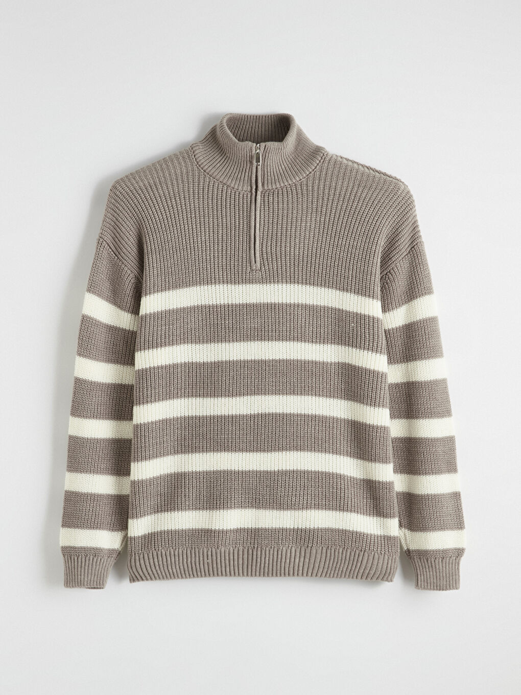 Bej Fermuarlı Dik Yaka Çizgili Erkek Triko Kazak-4