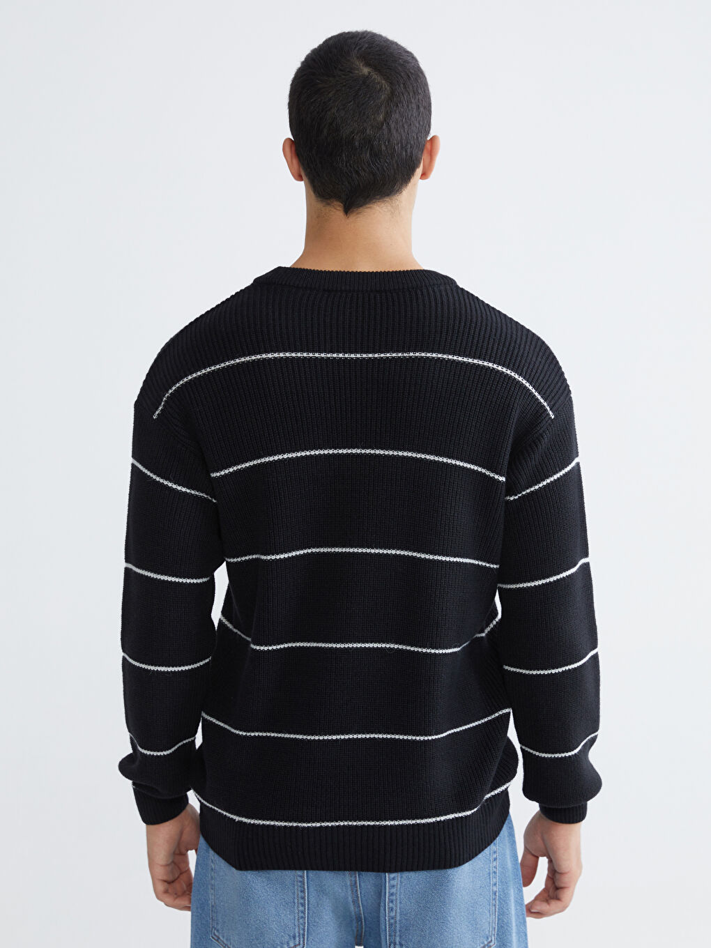 Siyah Bisiklet Yaka Çizgili Erkek Triko Kazak-3