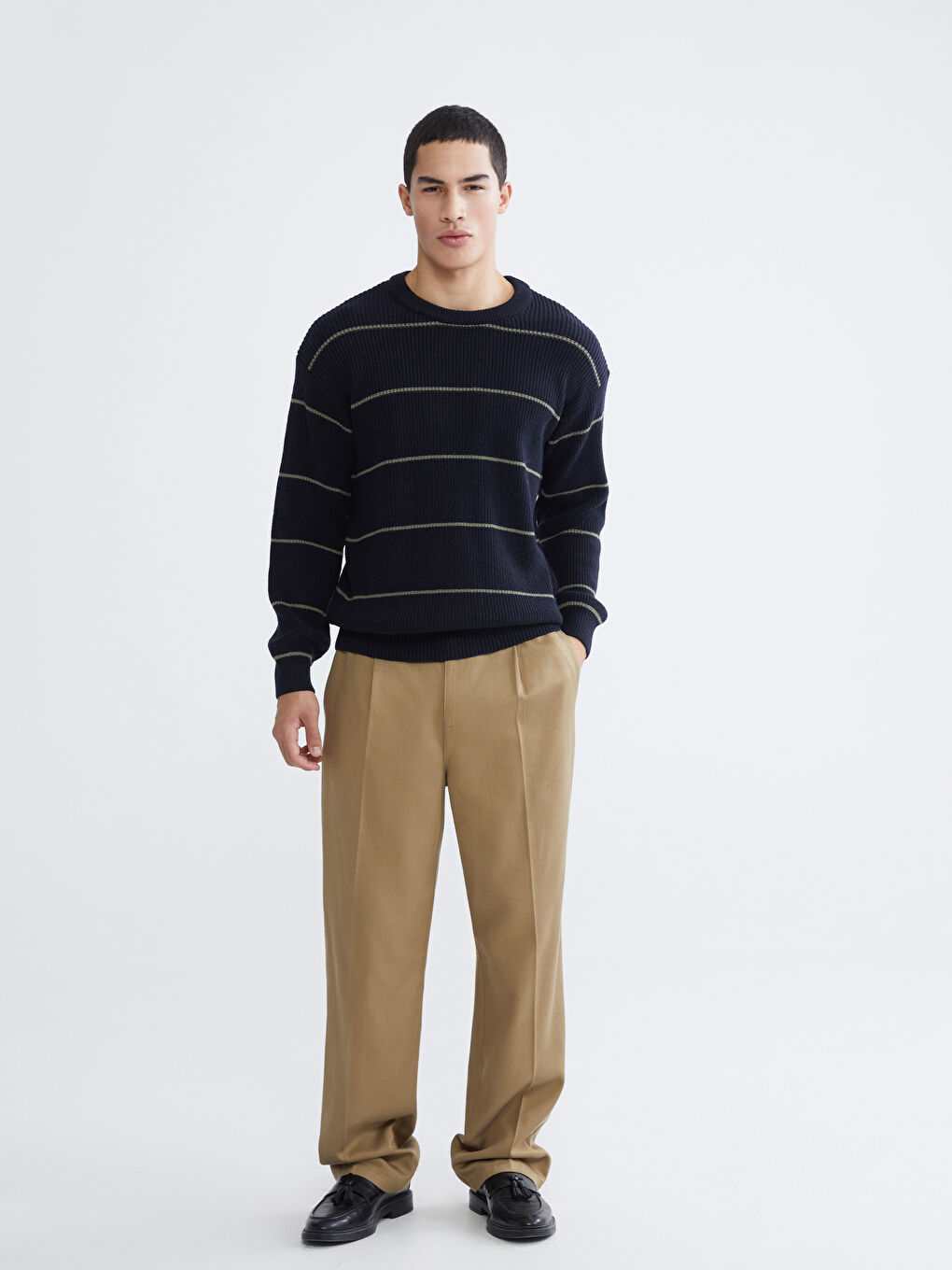 Lacivert Bisiklet Yaka Çizgili Erkek Triko Kazak-1