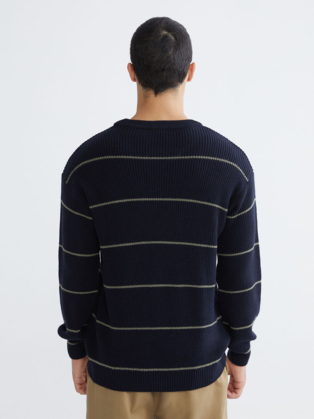 Lacivert Bisiklet Yaka Çizgili Erkek Triko Kazak-3