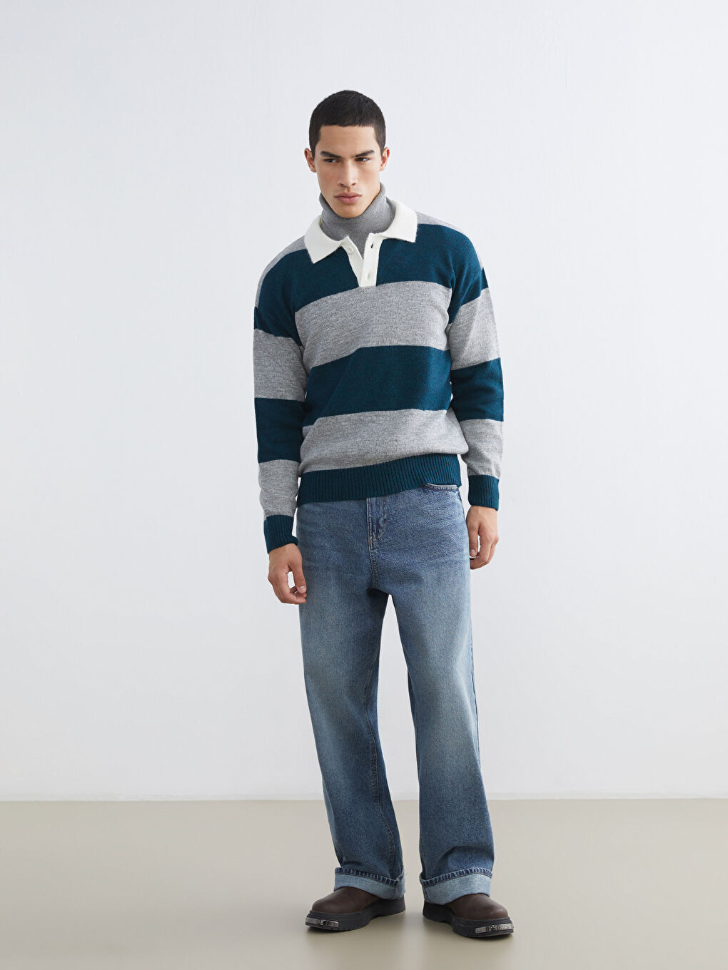 Petrol Polo Yaka Çizgili Erkek Triko Kazak-1