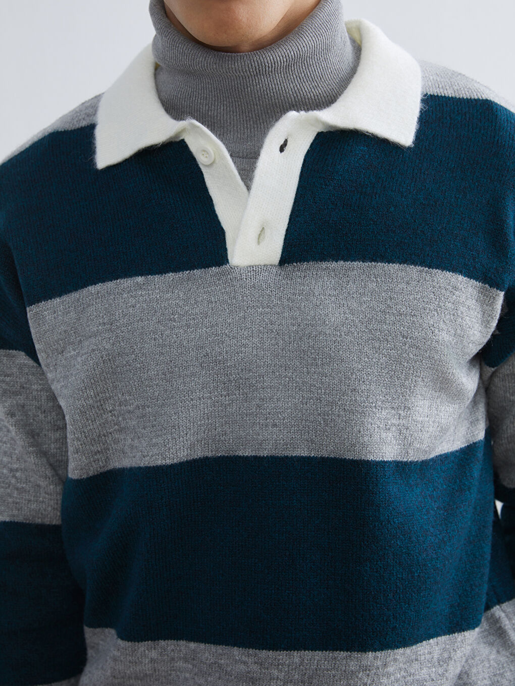 Petrol Polo Yaka Çizgili Erkek Triko Kazak-2