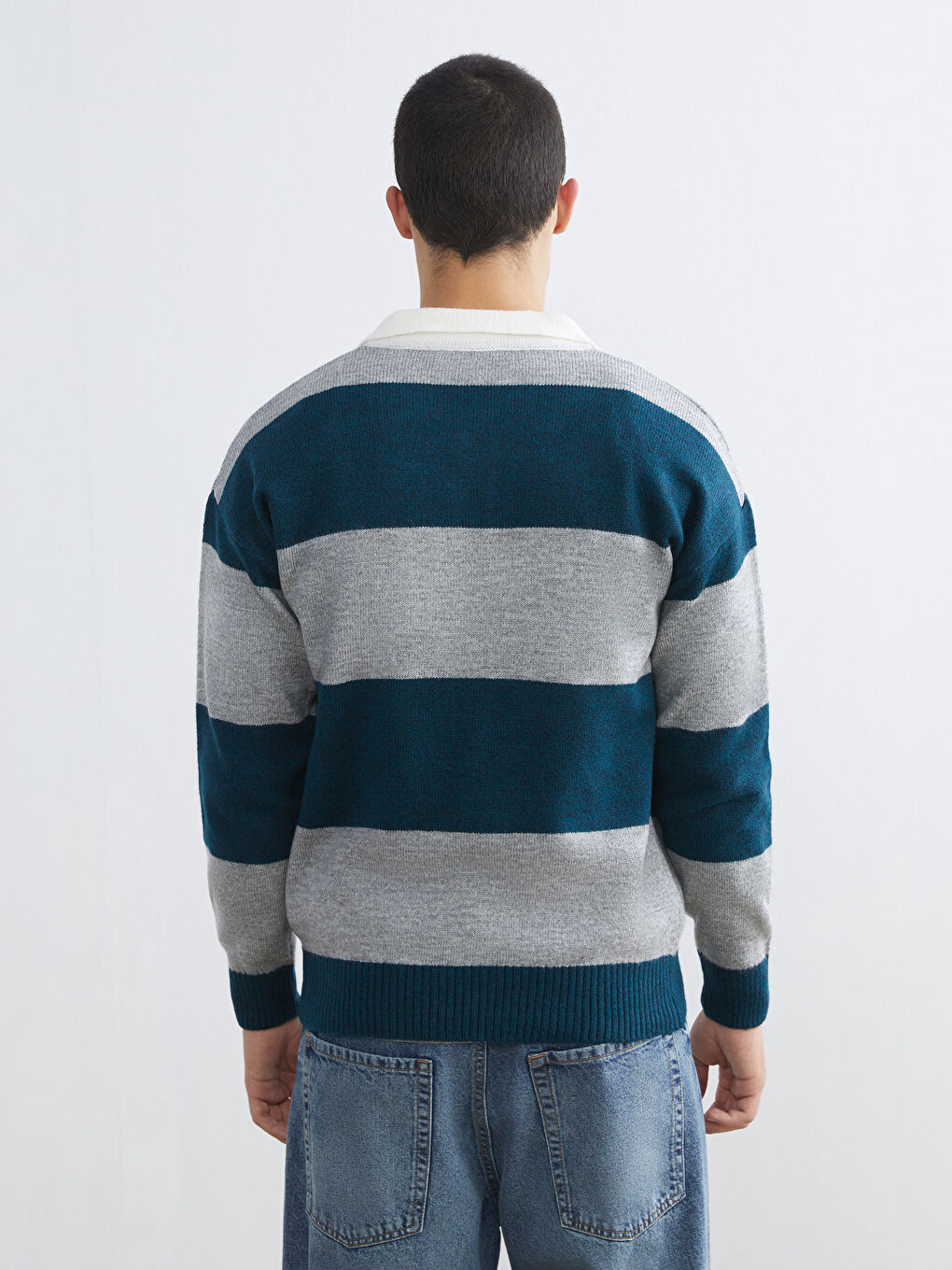 Petrol Polo Yaka Çizgili Erkek Triko Kazak-3