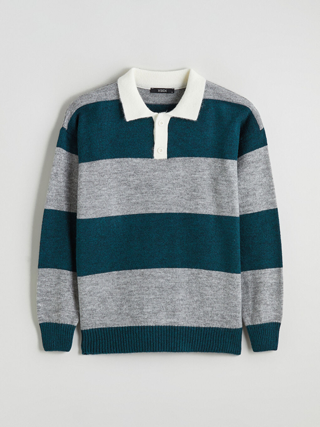 Petrol Polo Yaka Çizgili Erkek Triko Kazak-4