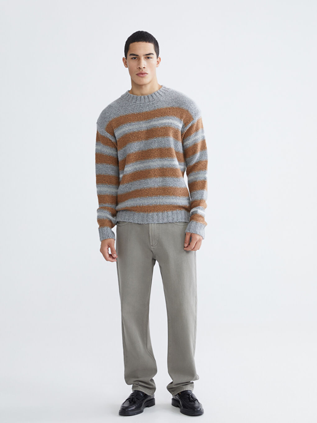 Gri Bisiklet Yaka Çizgili Erkek Triko Kazak-1