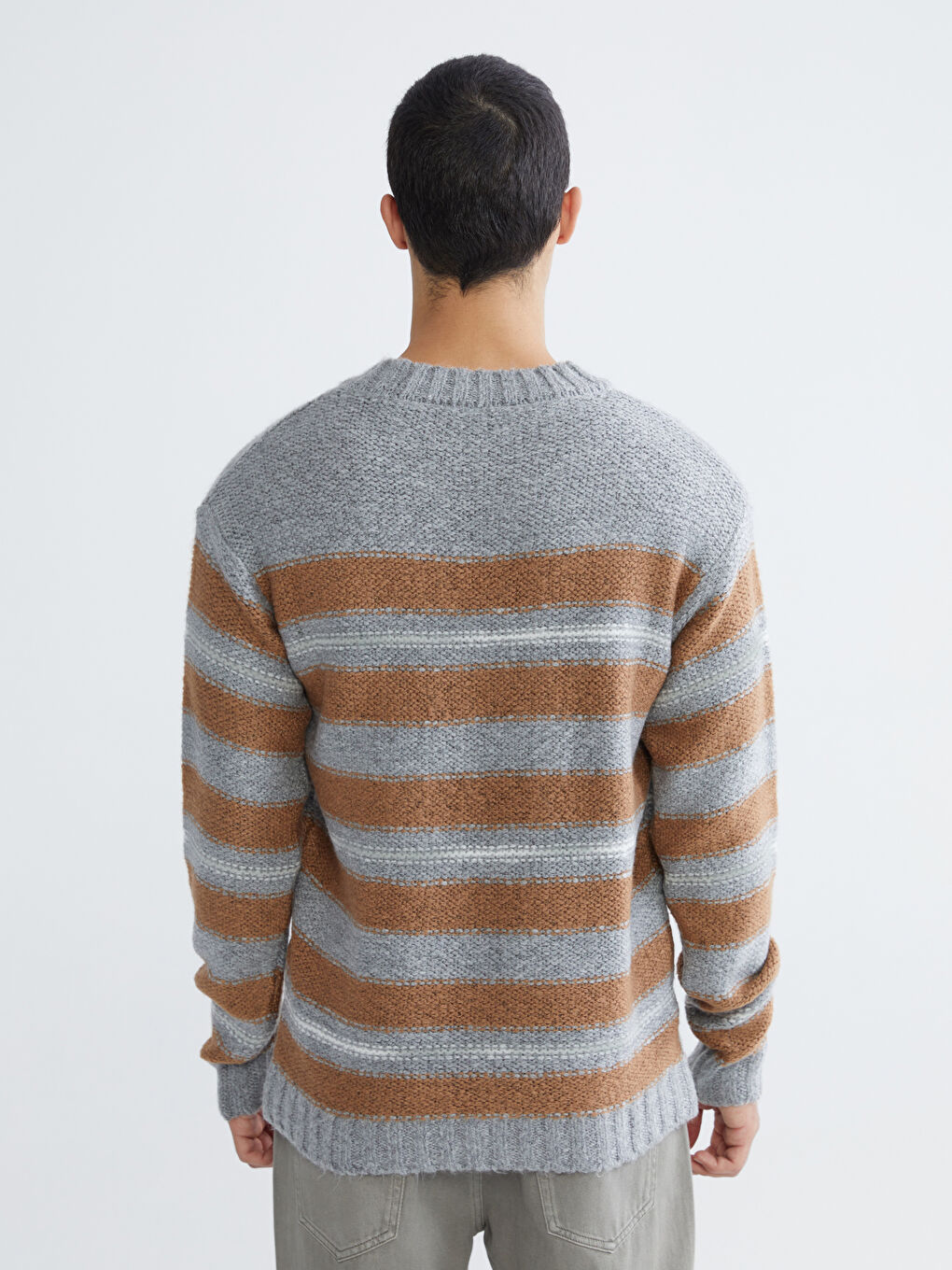 Gri Bisiklet Yaka Çizgili Erkek Triko Kazak-3