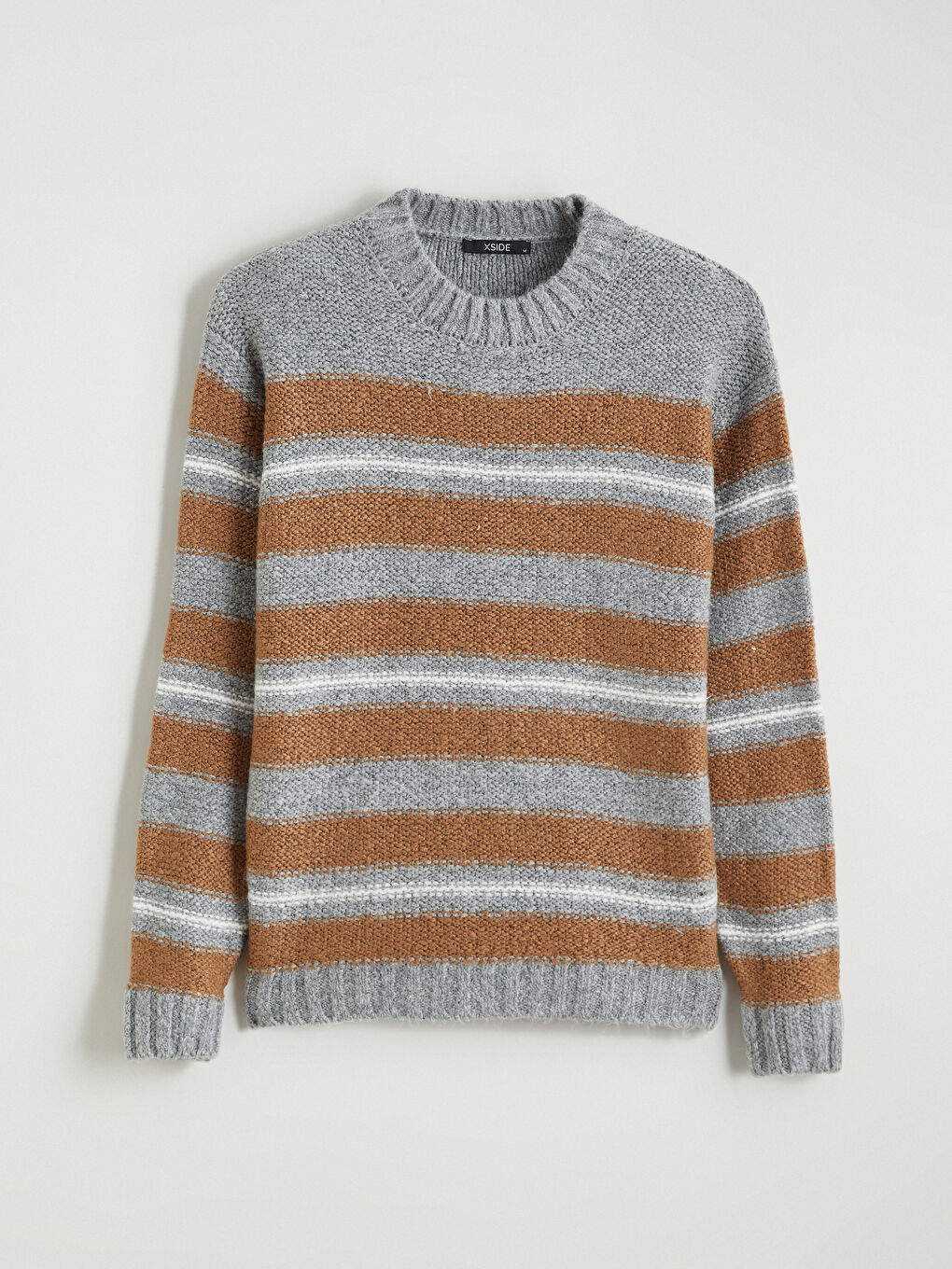 Gri Bisiklet Yaka Çizgili Erkek Triko Kazak-4