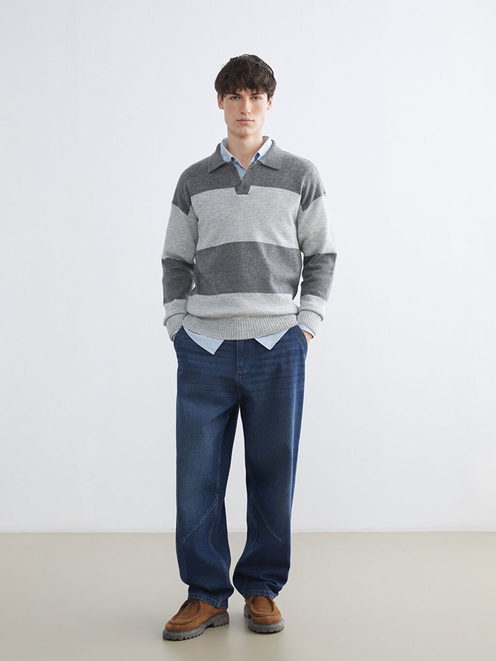 Antrasit Polo Yaka Renk Bloklu Erkek Triko Kazak-1