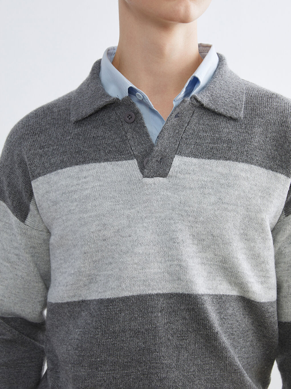 Antrasit Polo Yaka Renk Bloklu Erkek Triko Kazak-2