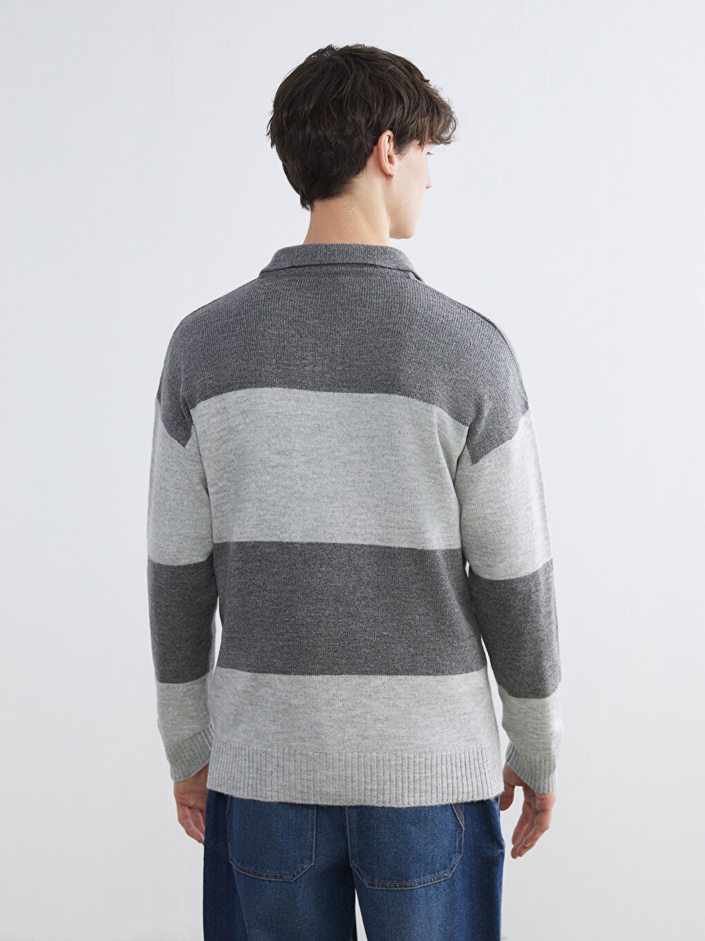 Antrasit Polo Yaka Renk Bloklu Erkek Triko Kazak-3
