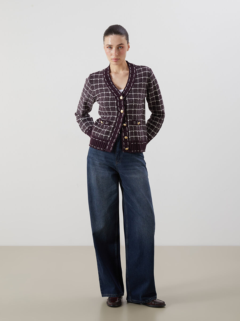 V Neck Plaid Women's Cardigan-1