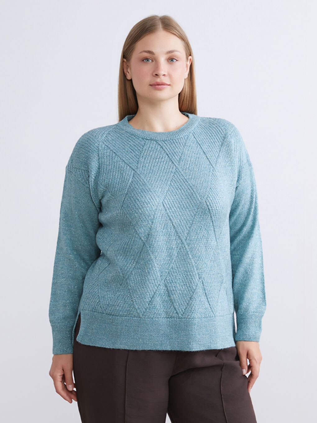 Mavi Baklava Desenli Kadın Triko Kazak-2