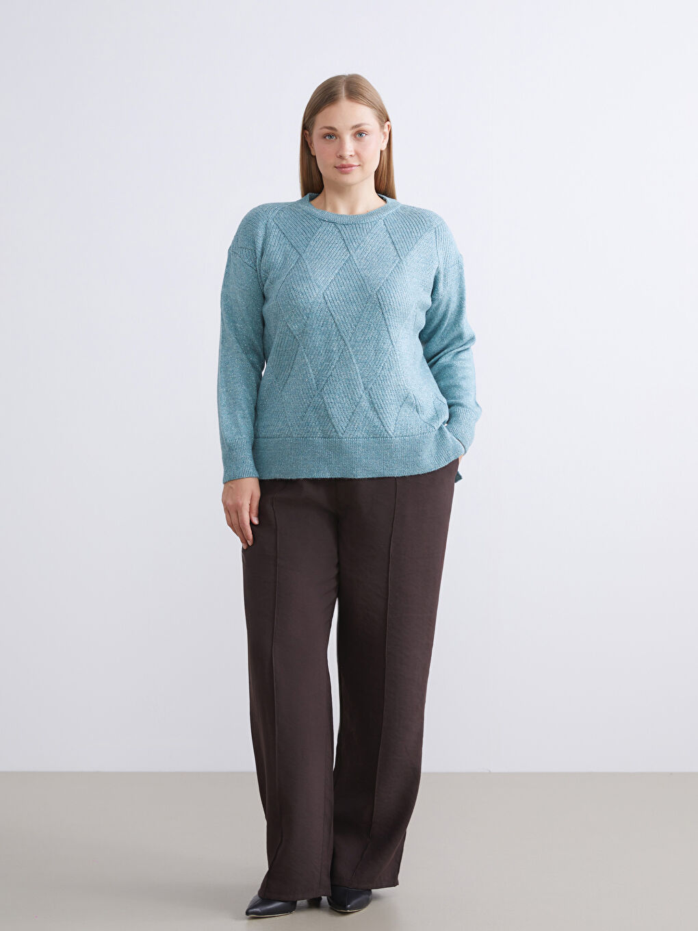 Mavi Baklava Desenli Kadın Triko Kazak-7