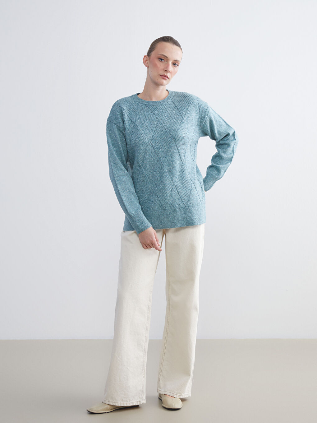 Mavi Baklava Desenli Kadın Triko Kazak-4