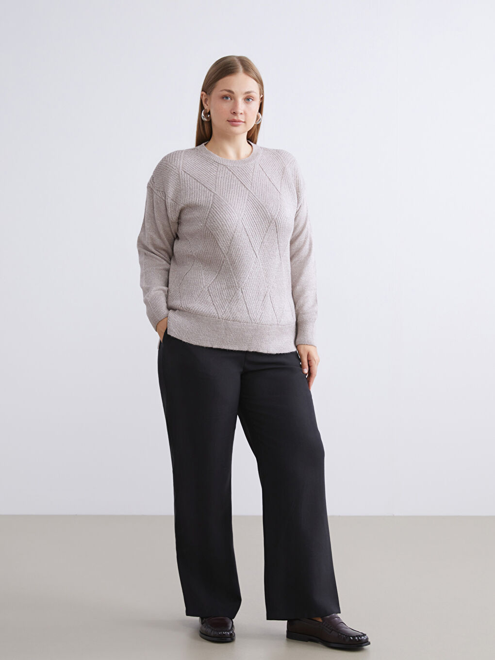 Gri Baklava Desenli Kadın Triko Kazak-5