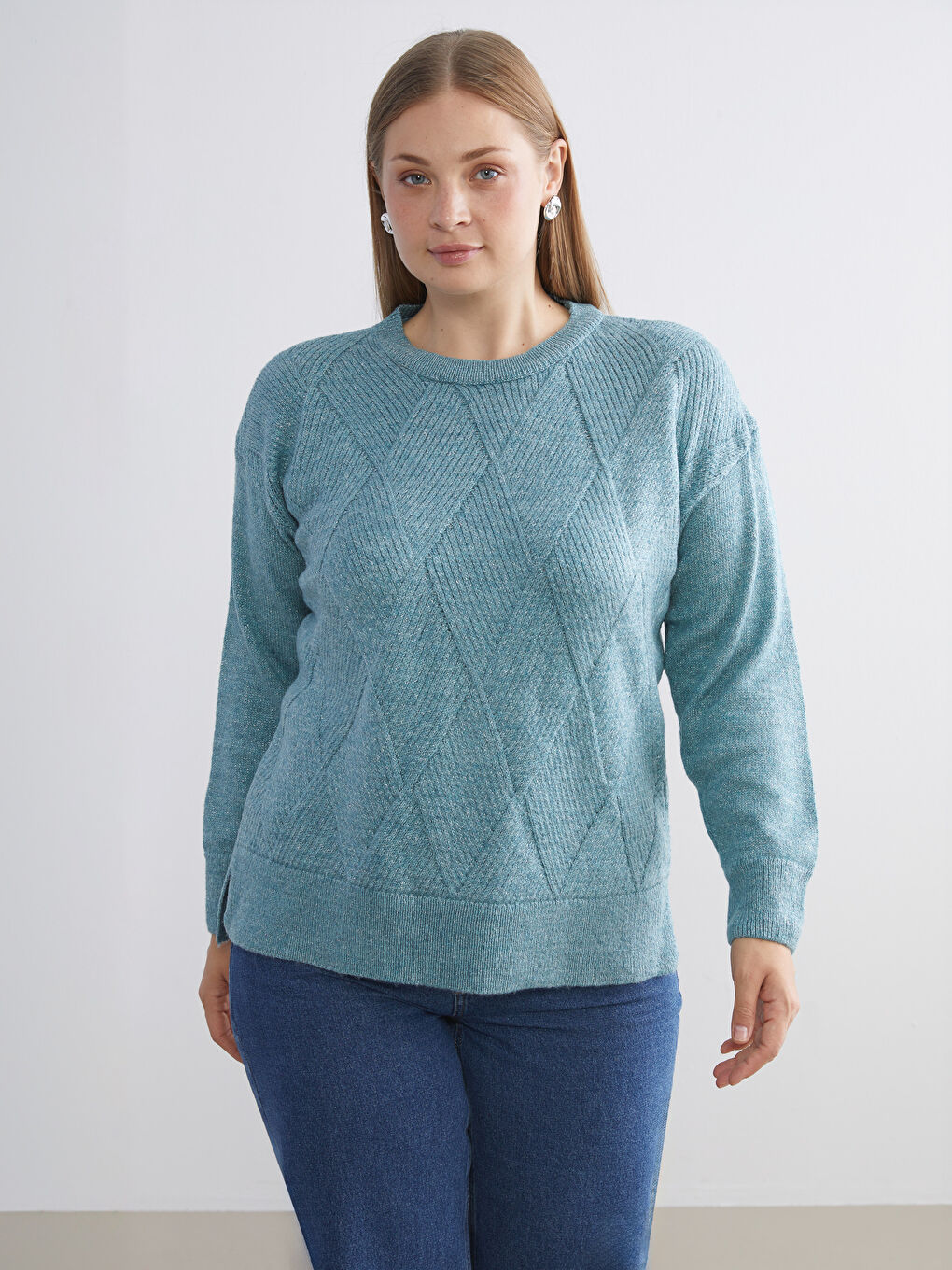 Mavi Baklava Desenli Kadın Triko Kazak-1