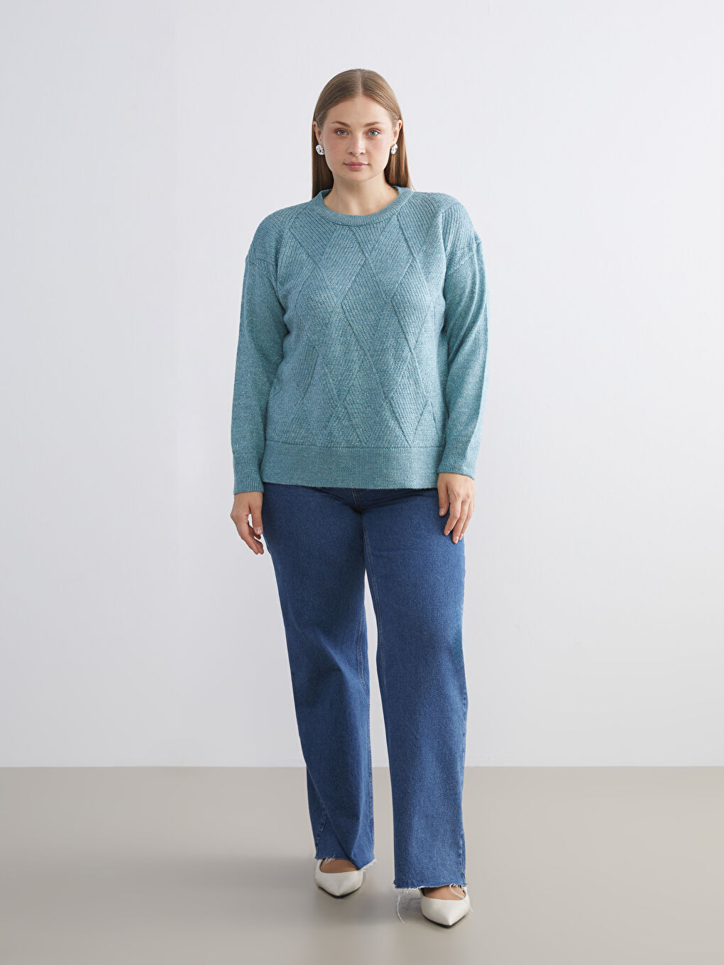 Mavi Baklava Desenli Kadın Triko Kazak-3